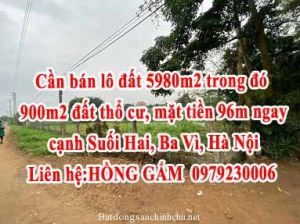 Chính chủ đang có nhu cầu chuyển đổi đầu tư tài chính nên cần bán lô đất 5980m2 trong đó 900m2 đất thổ cư, mặt tiền 96m ngay cạnh Suối Hai, Ba Vì, Hà Nội